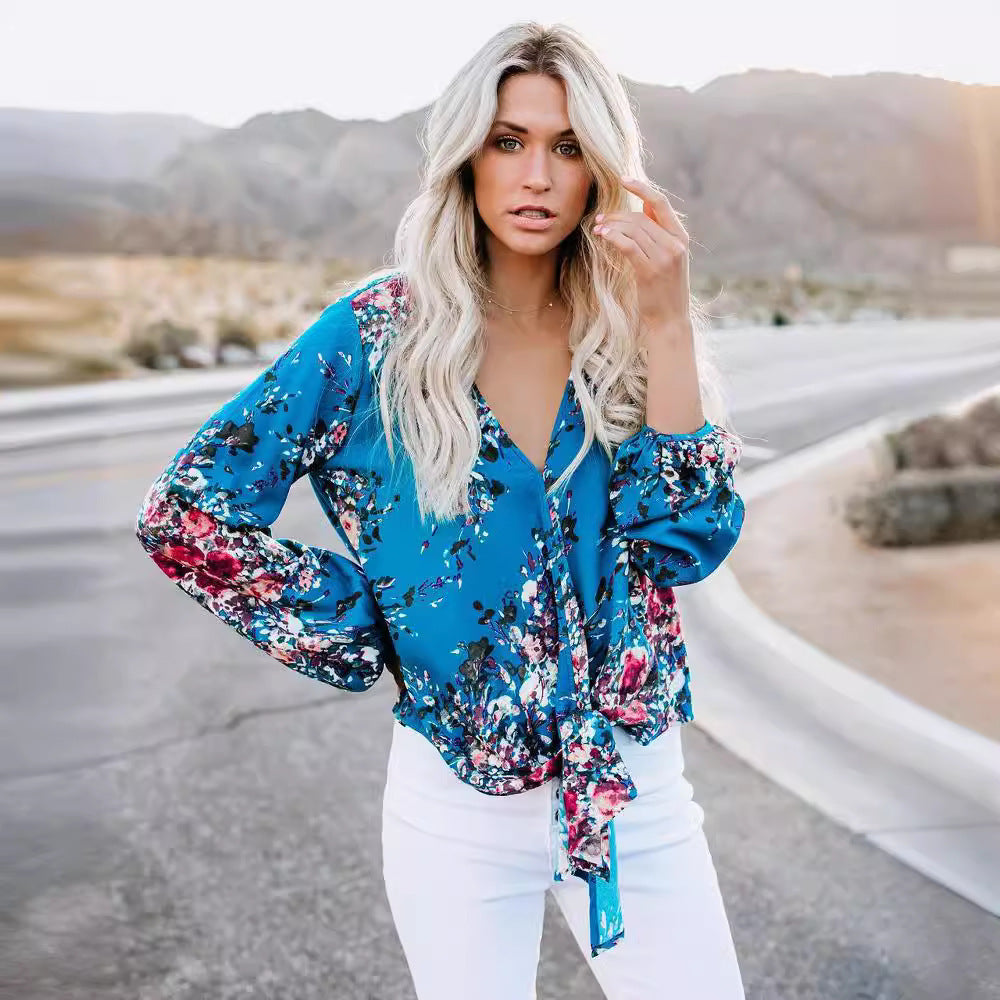 V-neck Long Sleeve Knotted Print Top